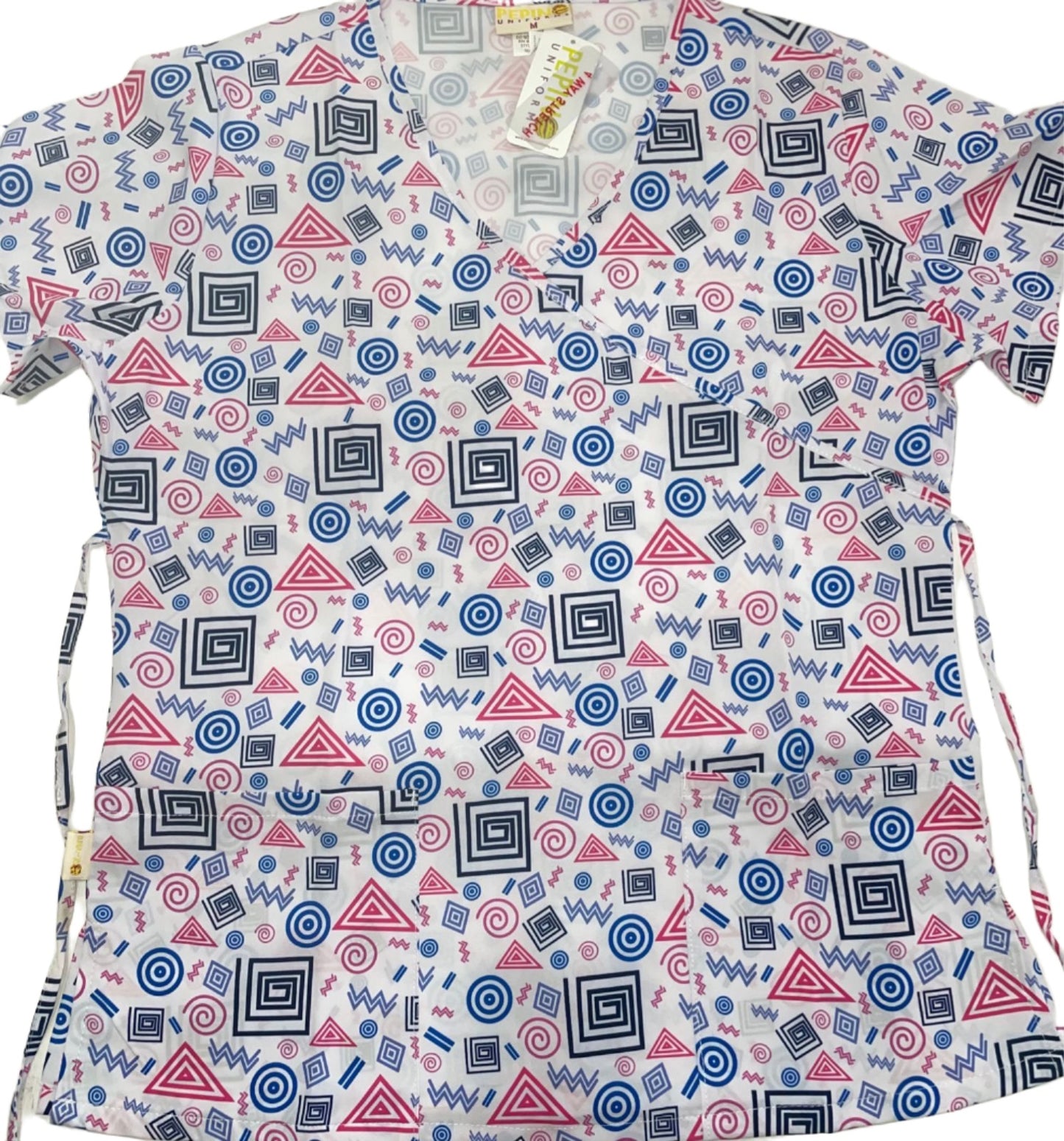 Pepino Uniforms Printed Swirly Royal Trim Mock Wrap Scrub Top