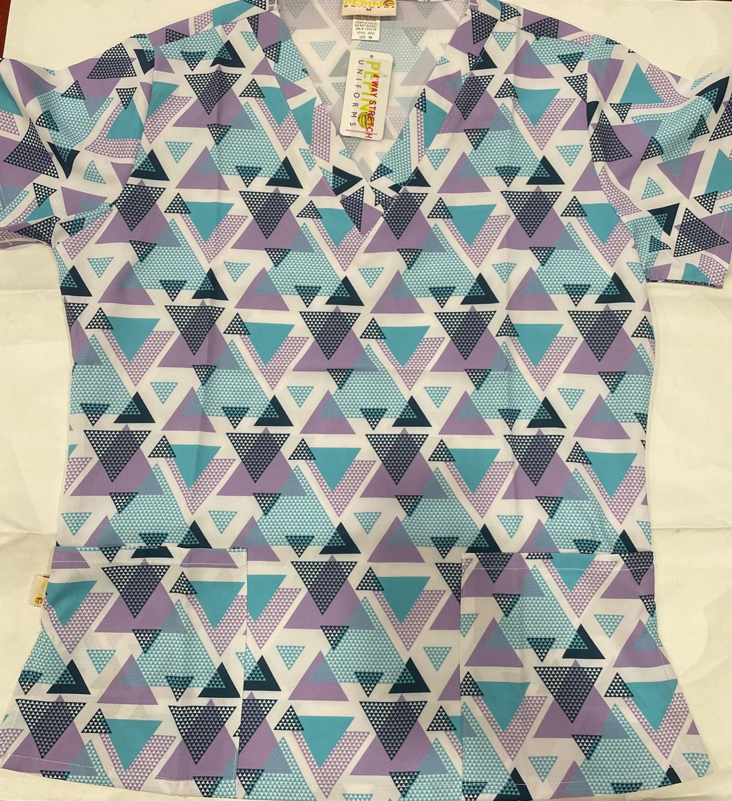 Pepino Uniforms Printed Lavender Linked Triangles V-Neck Scrub Top