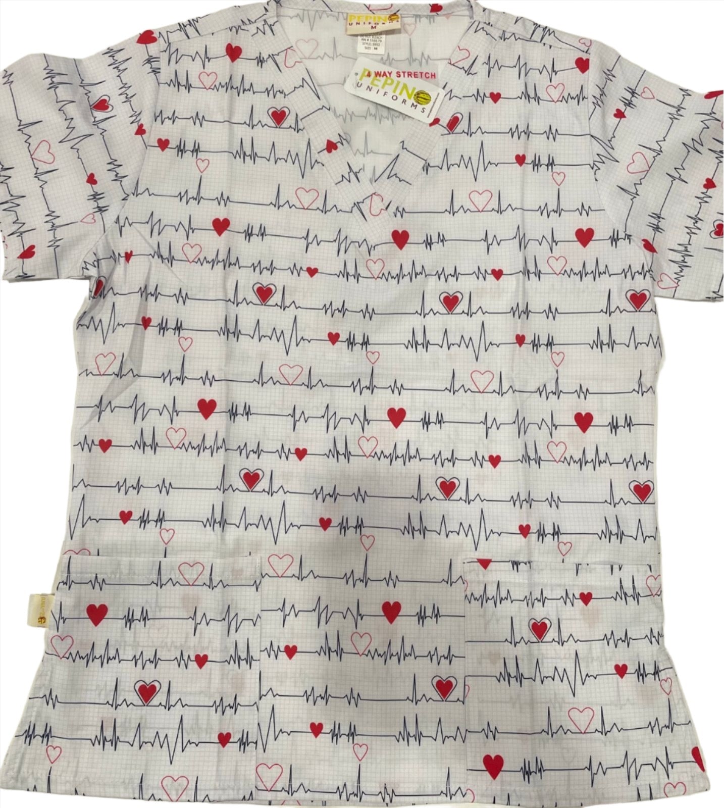 Pepino Uniforms Printed EKG Blue V-Neck Scrub Top