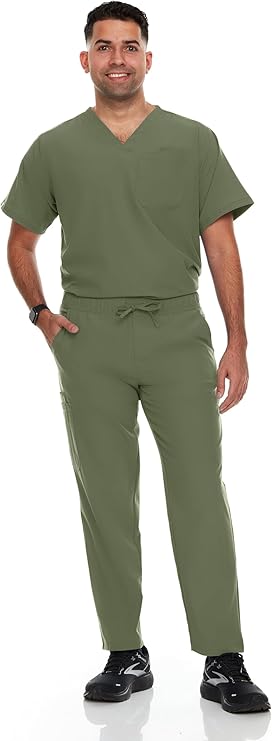 Hey Medical Mens Stretch Set V-Neck Top Straight Leg Pants Scrub Set
