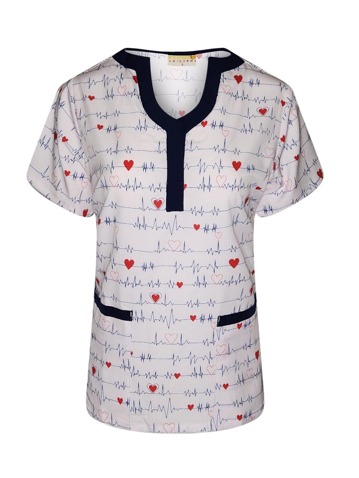 Pepino Uniforms Printed Navy EKG U-Neck Scrub Top