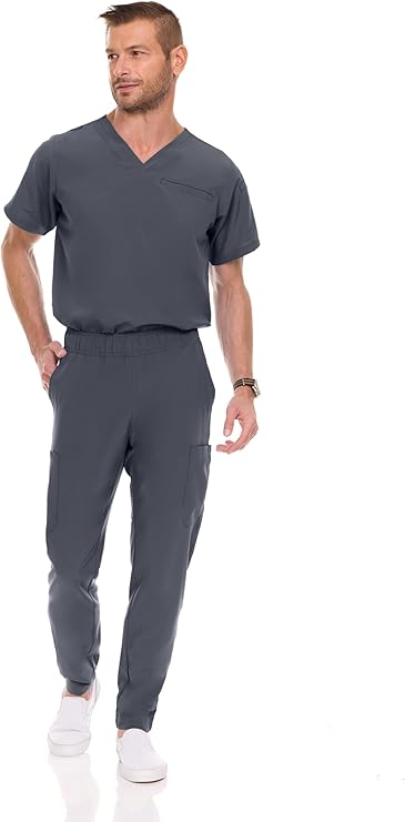 Medichic Mens Stretch Set V-Neck Top Tapered Leg Pants Scrub Set