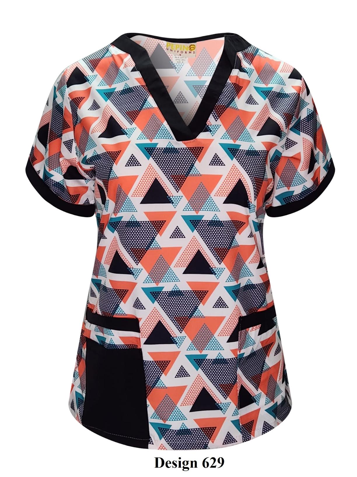 Pepino Uniforms Printed Orange Linked Triangles V-Neck Scrub Top