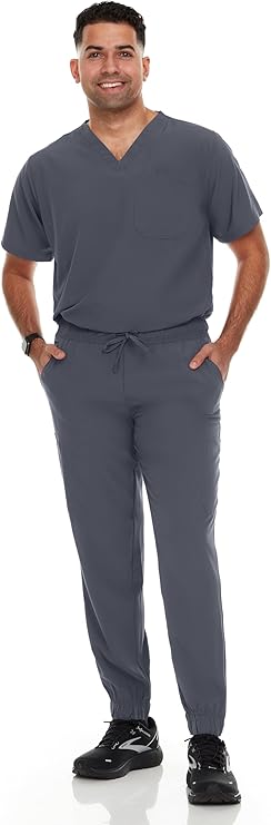 Hey Medical Mens Stretch Set V-Neck Top Jogger Pants Scrub Set