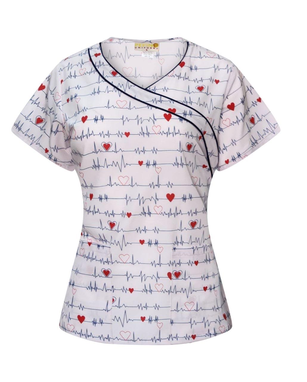 Haut de gommage cache-cœur imprimé ECG avec liseré noir Pepino Uniforms