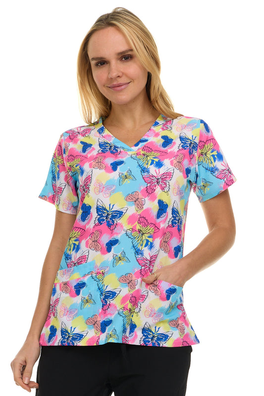 Medichic Kendall Butterfly Rush Printed V-Neck Scrub Top