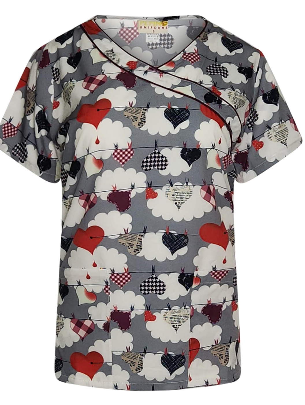 Haut de tunique portefeuille Pepino Uniforms imprimé Heartline/Bordeaux à liseré