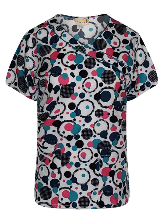 Tunique médicale Pepino Uniforms imitation cache-cœur, imprimé pois/bleu sarcelle