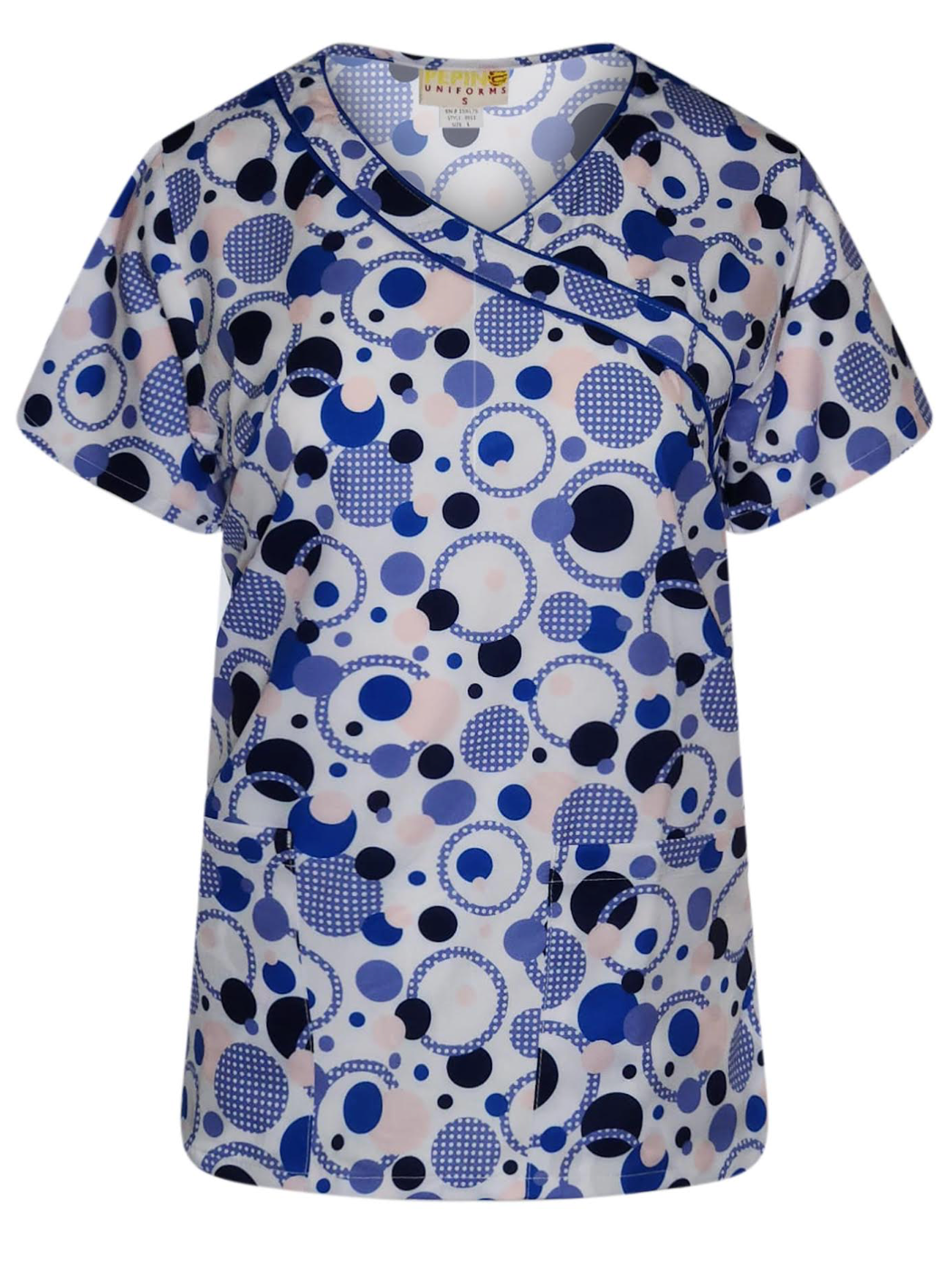 Pepino Uniforms Printed Polka Dot Royal Trim Mock Scrub Top