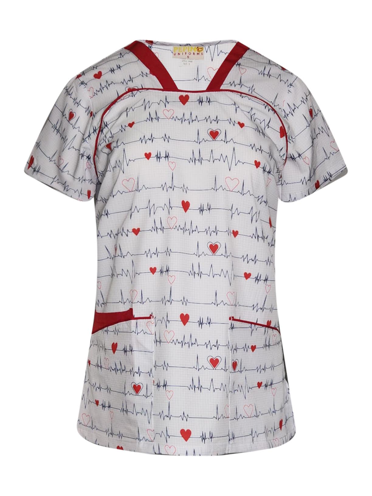 Haut de gommage en V Pepino Uniforms avec liseré EKG rouge imprimé