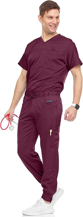 Medichic Mens Stretch Set V-Neck Top Jogger Pants Scrub Set