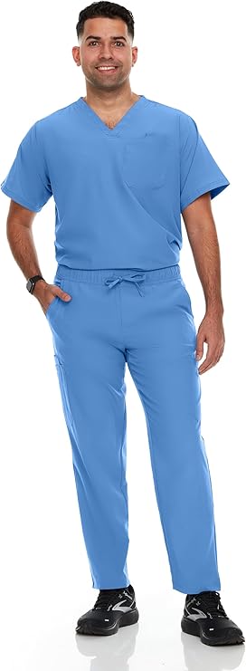 Hey Medical Mens Stretch Set V-Neck Top Straight Leg Pants Scrub Set