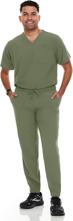 Hey Medical Mens Stretch Set V-Neck Top Jogger Pants Scrub Set