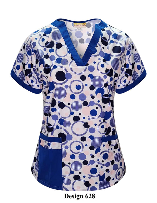 Blouse médicale imprimée à pois bleus et col en V Pepino Uniforms