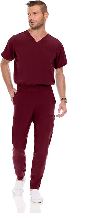 Medichic Mens Stretch Set V-Neck Top Tapered Leg Pants Scrub Set