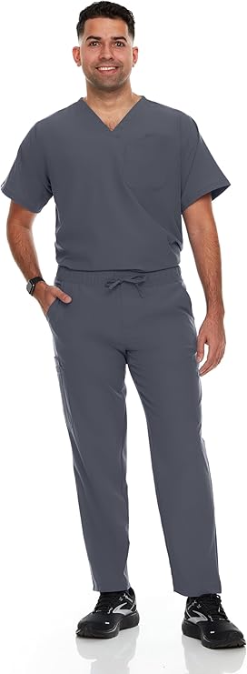 Hey Medical Mens Stretch Set V-Neck Top Straight Leg Pants Scrub Set