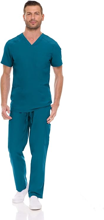 Hey Medical Mens Stretch Set V-Neck Top Straight Leg Pants Scrub Set
