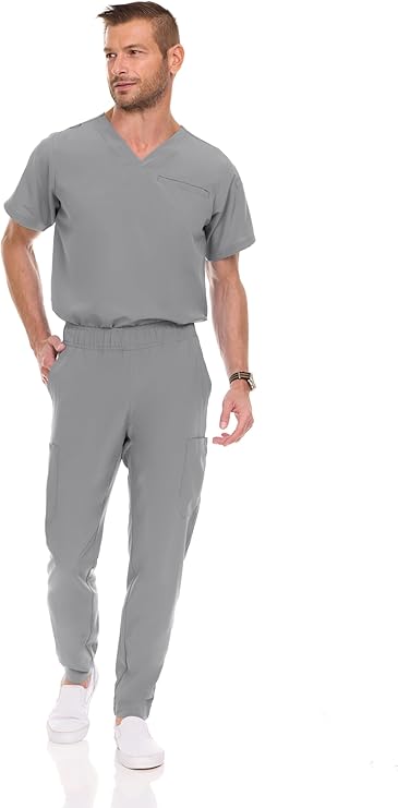 Medichic Mens Stretch Set V-Neck Top Tapered Leg Pants Scrub Set