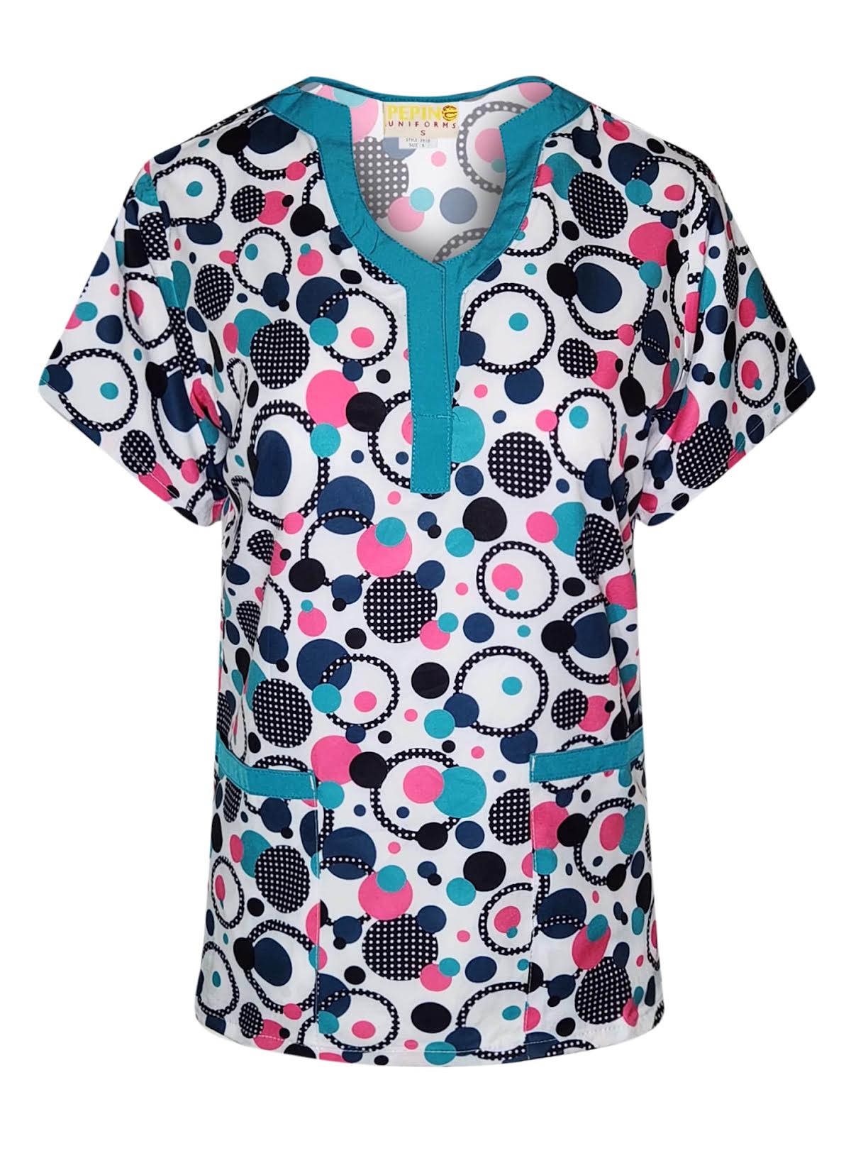 Pepino Uniforms Printed Teal Swirly U-Neck Scrub Top