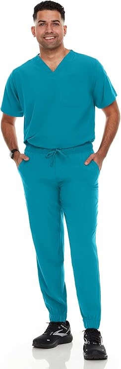 Hey Medical Mens Stretch Set V-Neck Top Jogger Pants Scrub Set