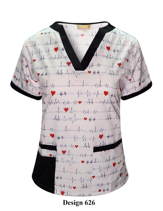 Blouse médicale imprimée Pepino Uniforms Col V EKG bleue