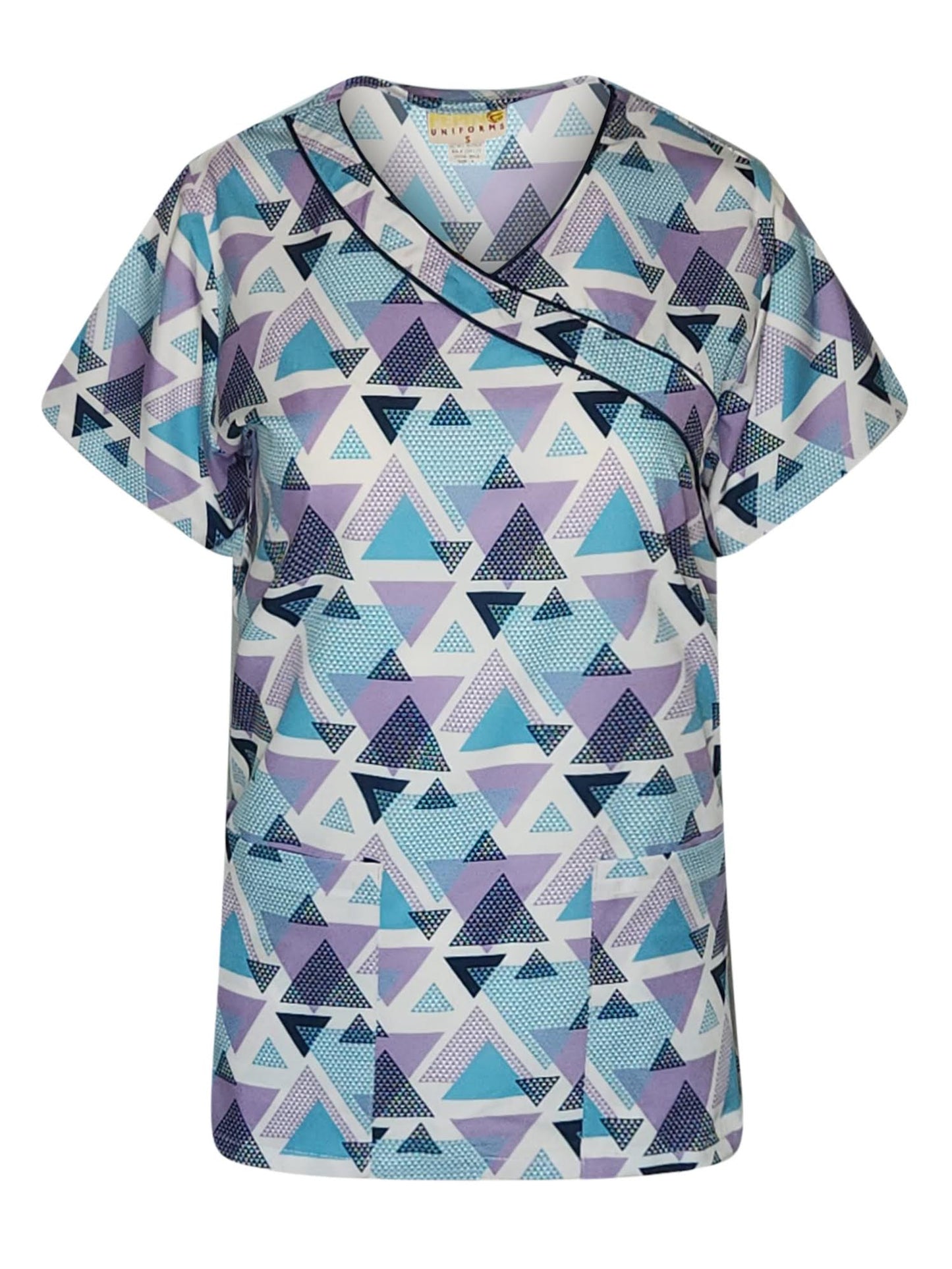 Pepino Uniforms Printed Turquoise Linked Triangles Mock Wrap Scrub Top