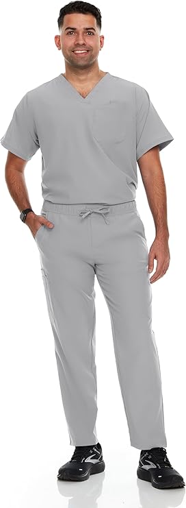 Hey Medical Mens Stretch Set V-Neck Top Straight Leg Pants Scrub Set