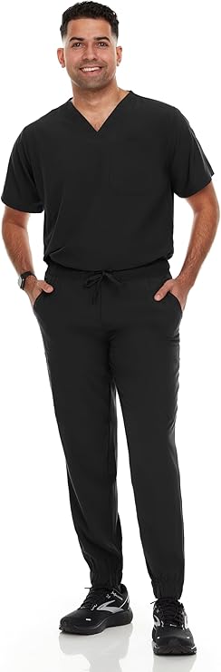 Hey Medical Mens Stretch Set V-Neck Top Jogger Pants Scrub Set