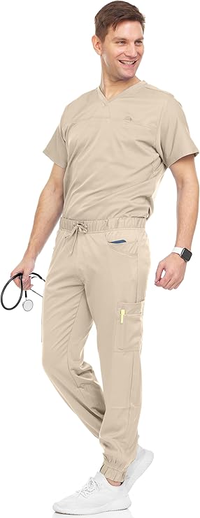 Medichic Mens Stretch Set V-Neck Top Jogger Pants Scrub Set