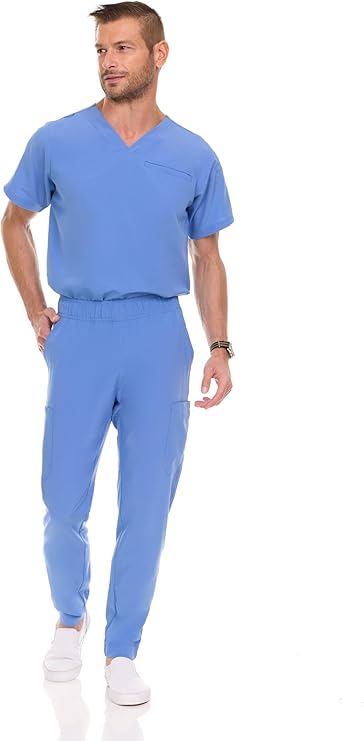 Medichic Mens Stretch Set V-Neck Top Tapered Leg Pants Scrub Set