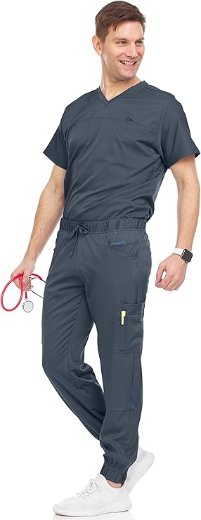 Medichic Mens Stretch Set V-Neck Top Jogger Pants Scrub Set