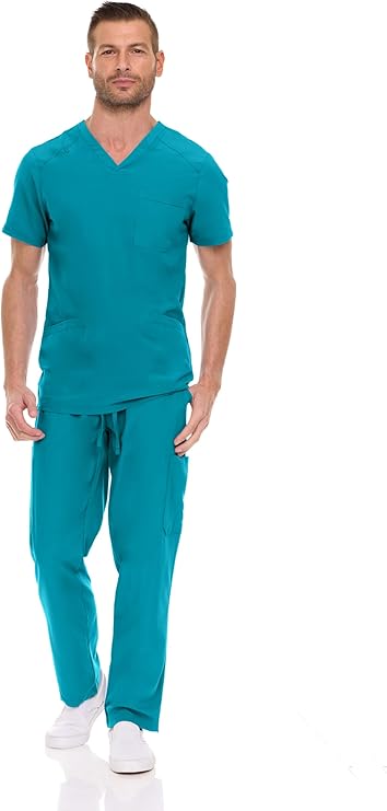 Hey Medical Mens Stretch Set V-Neck Top Straight Leg Pants Scrub Set