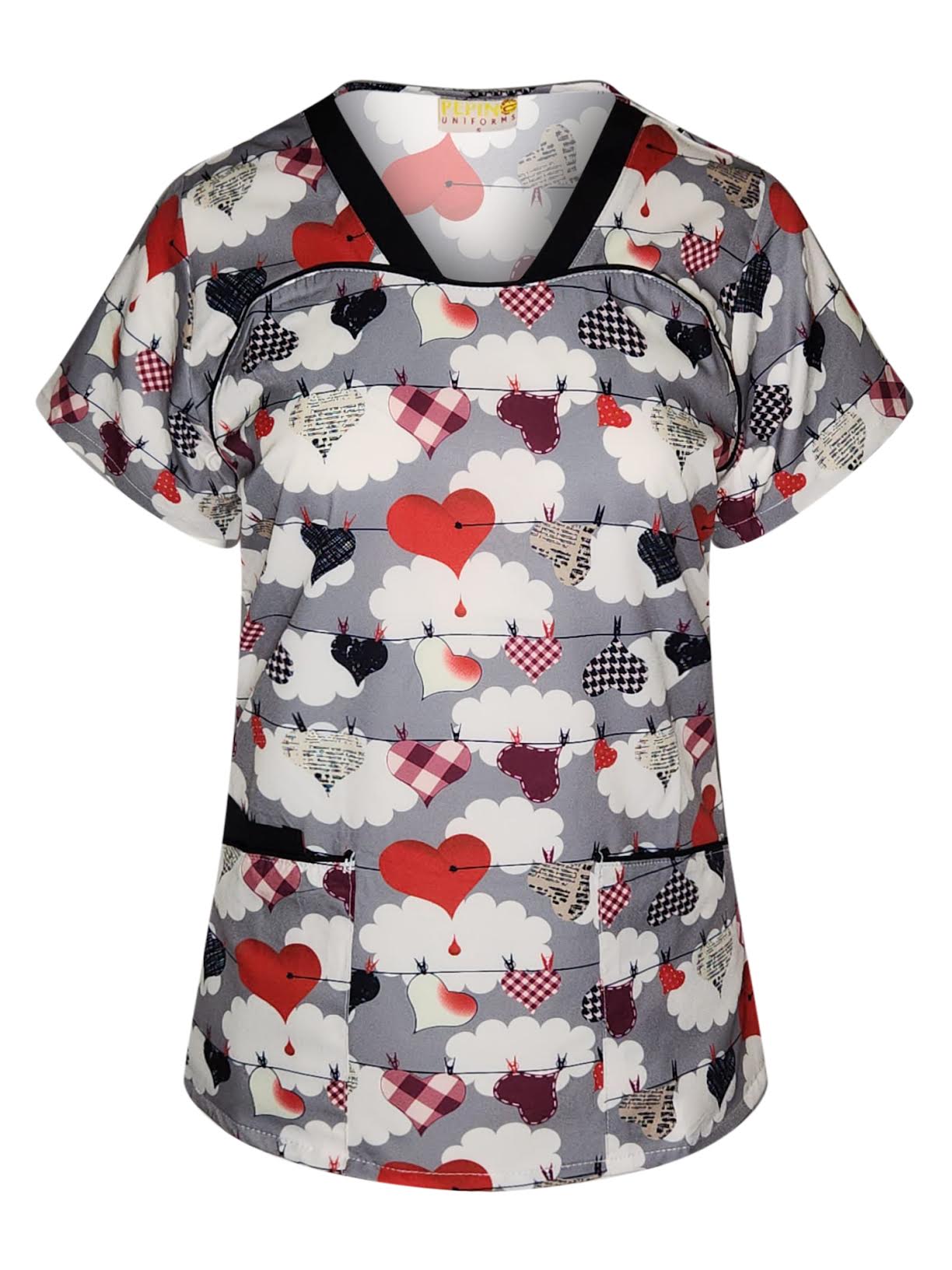 Haut médical en V Pepino Uniforms motif cœurs imprimés avec liseré noir