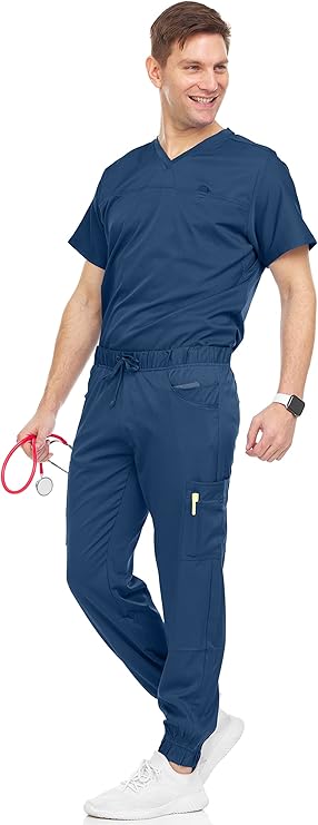 Medichic Mens Stretch Set V-Neck Top Jogger Pants Scrub Set