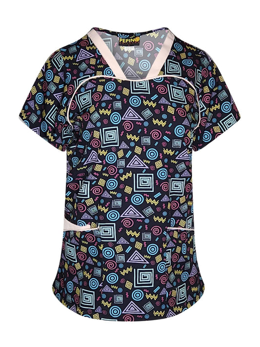 Haut de blouse Pepino Uniforms avec col en V et passepoil rose à motifs tourbillons