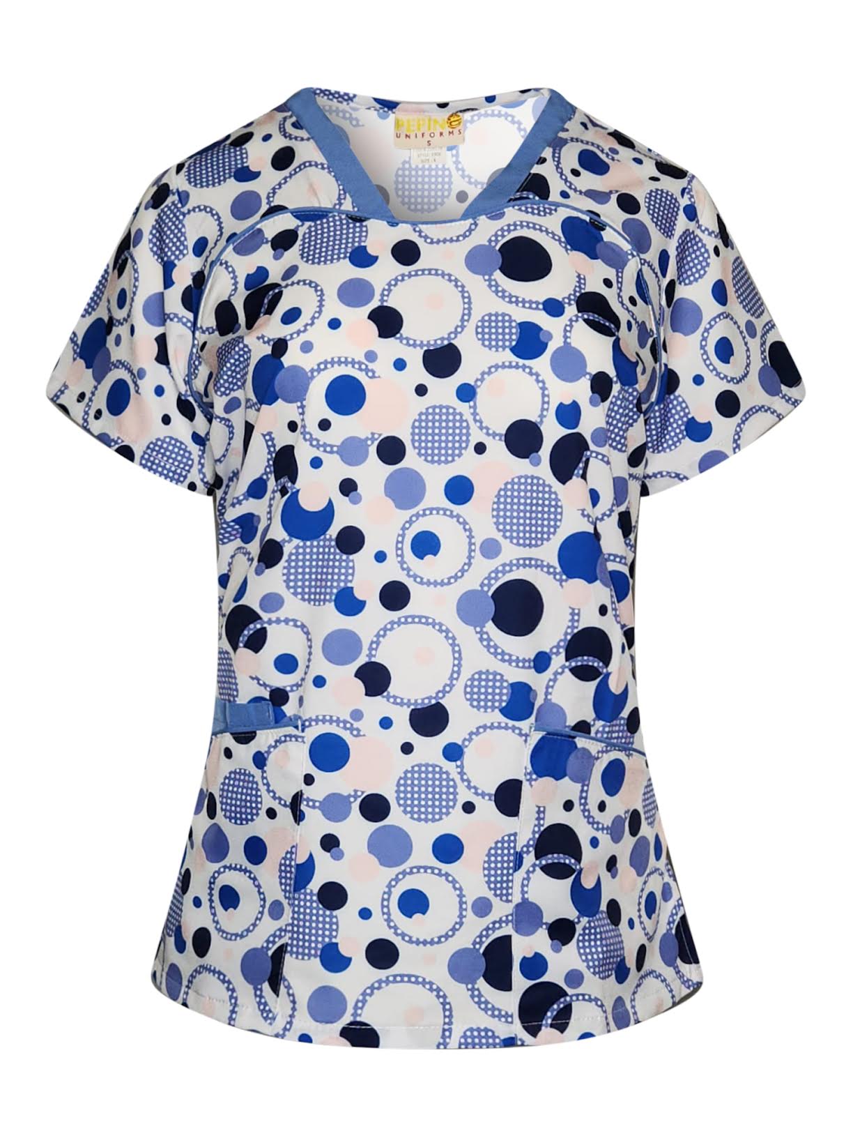 Pepino Uniforms Printed Ceil Polka Dot Piping V-Neck Scrub Top